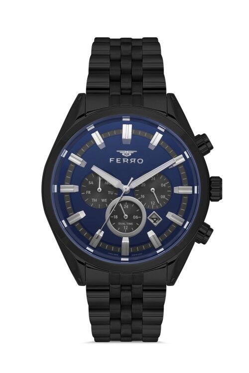 Ferro Quartz Çelik Siyah Lacivet Kadran 46 mm Erkek Kol Saati