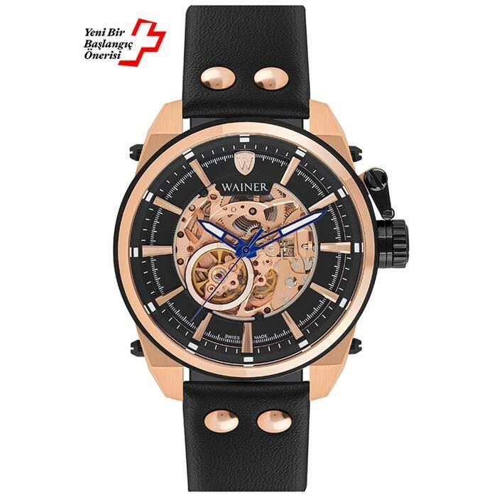Wainer WA.25980-B Otomatik Swiss Made Deri Siyah 46 mm Erkek Kol Saati