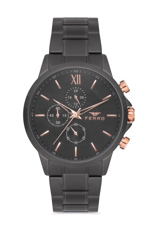 Ferro Siyah Çelik Kordon Erkek Kol Saati FM11051A-G7 Fonksiyonları Aktif 3ATM SuGeçirmez HediyePaket