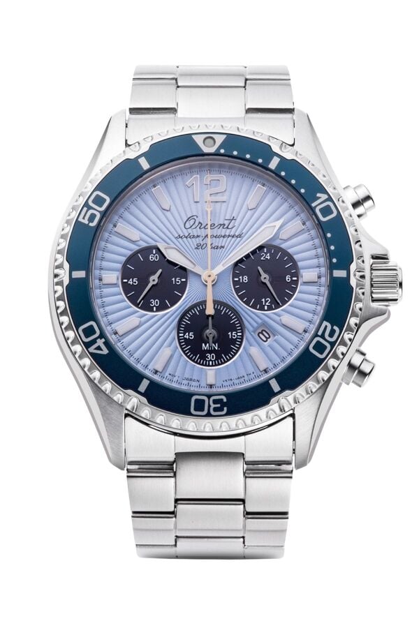 Orient Mako Chronograph Solar RA-TX0210L10B Çelik Gri Mavi Kadran 20 ATM 43 mm Erkek Kol Saati