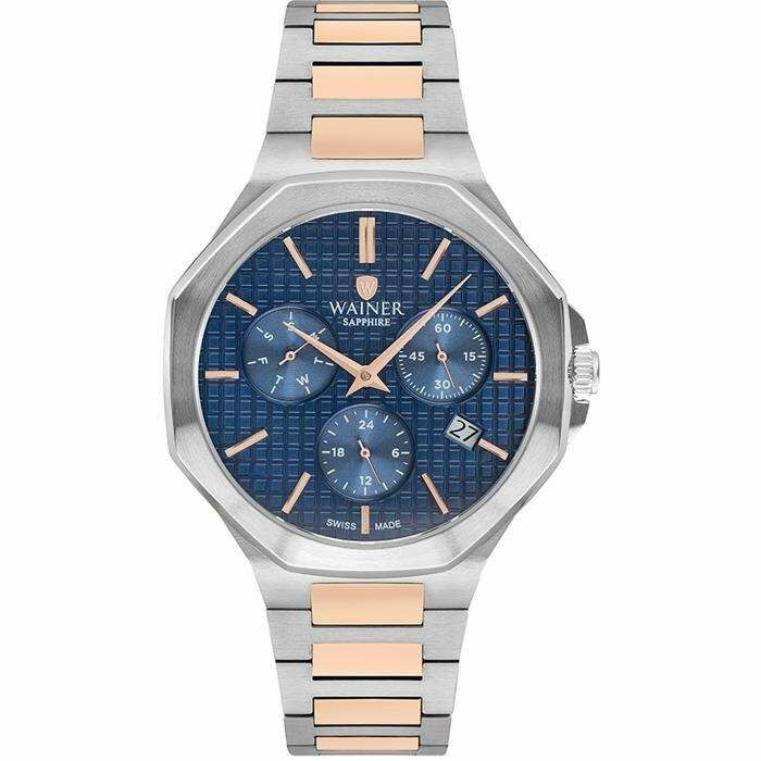 Wainer WA.19687-D Quartz Swiss Made Çelik Gri/Rose Lacivert Kadran 44 mm Erkek Kol Saati