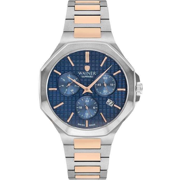 Wainer WA.19687-D Quartz Swiss Made Çelik Gri/Rose Lacivert Kadran 44 mm Erkek Kol Saati