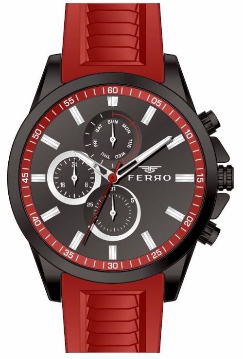 Ferro Kırmızı Silikon Kordon Erkek Kol Saati FM31359D-GR Tüm Fonksiyonları Aktif 3 ATM Su Geçirmez