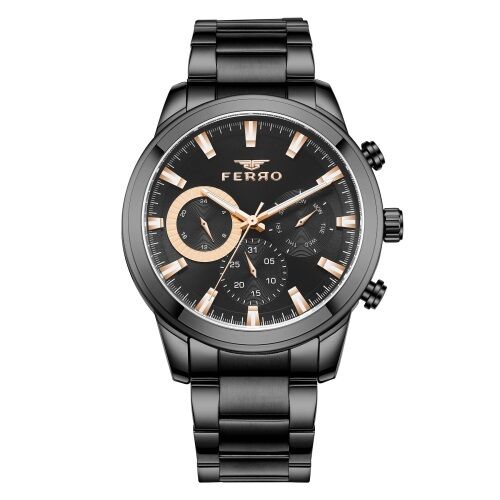 Ferro Siyah Çelik Kordon Erkek Kol Saati FM31370A-G Tüm Fonksiyonlar Aktif 3 ATM Su Geçirmez