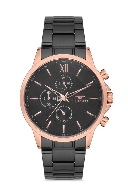 Ferro Siyah Çelik Kordon Erkek Kol Saati FM11051A-R Fonksiyonları Aktif 3ATM SuGeçirmez HediyePaket