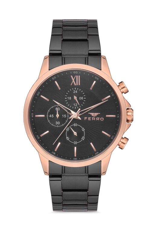 Ferro Siyah Çelik Kordon Erkek Kol Saati FM11051A-R Fonksiyonları Aktif 3ATM SuGeçirmez HediyePaket