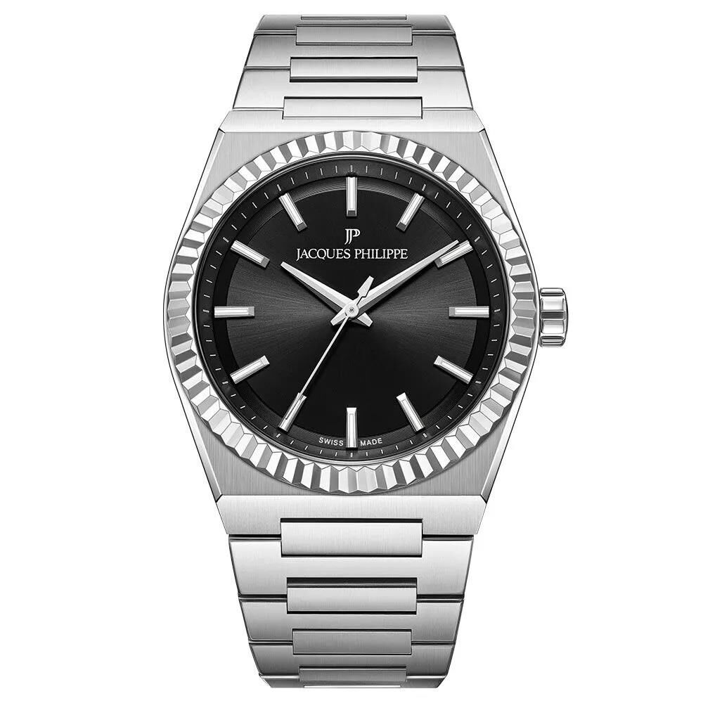 Jacques Philippe JPQGC571316 Swiss Made Quartz Çelik Gri Siyah Kadran Safir Cam 40 mm Erkek Kol Saati
