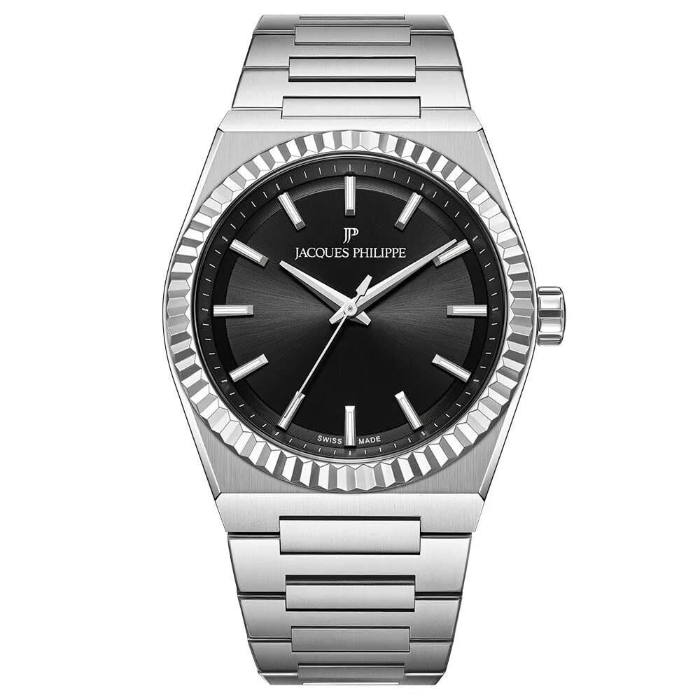 Jacques Philippe JPQGC571316 Swiss Made Quartz Çelik Gri Siyah Kadran Safir Cam 40 mm Erkek Kol Saati
