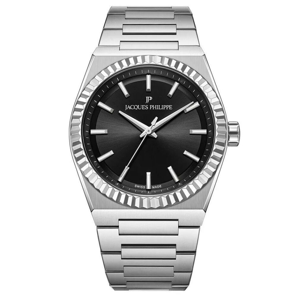 Jacques Philippe JPQGC571316 Swiss Made Quartz Çelik Gri Siyah Kadran Safir Cam 40 mm Erkek Kol Saati