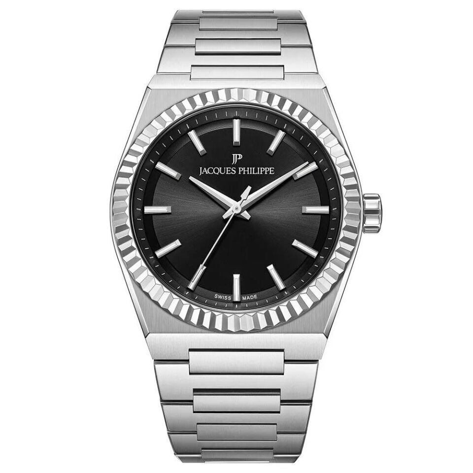 Jacques Philippe JPQGC571316 Swiss Made Quartz Çelik Gri Siyah Kadran Safir Cam 40 mm Erkek Kol Saati