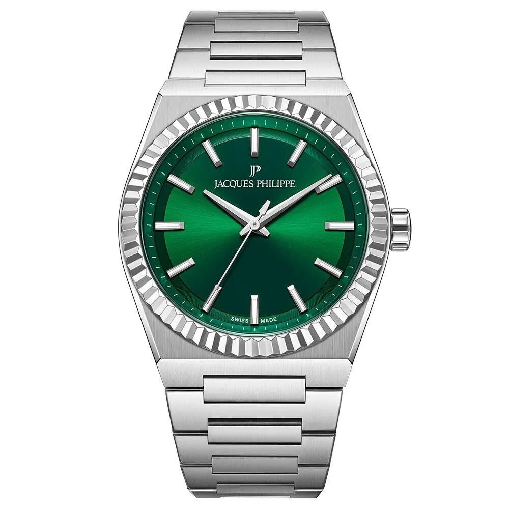 Jacques Philippe JPQGC5713X6 Swiss Made Quartz Çelik Gri Yeşil Kadran Safir Cam 40 mm Erkek Kol Saati
