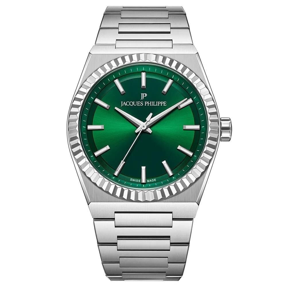 Jacques Philippe JPQGC5713X6 Swiss Made Quartz Çelik Gri Yeşil Kadran Safir Cam 40 mm Erkek Kol Saati