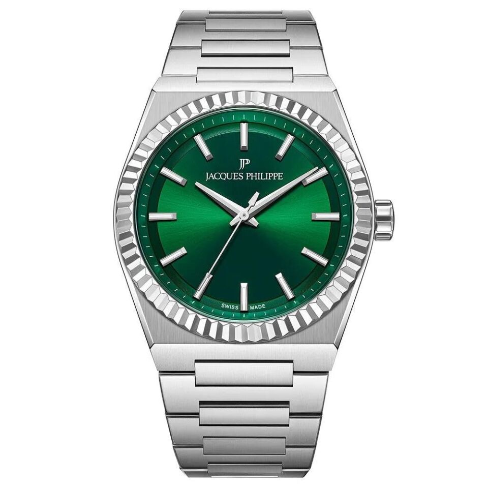 Jacques Philippe JPQGC5713X6 Swiss Made Quartz Çelik Gri Yeşil Kadran Safir Cam 40 mm Erkek Kol Saati