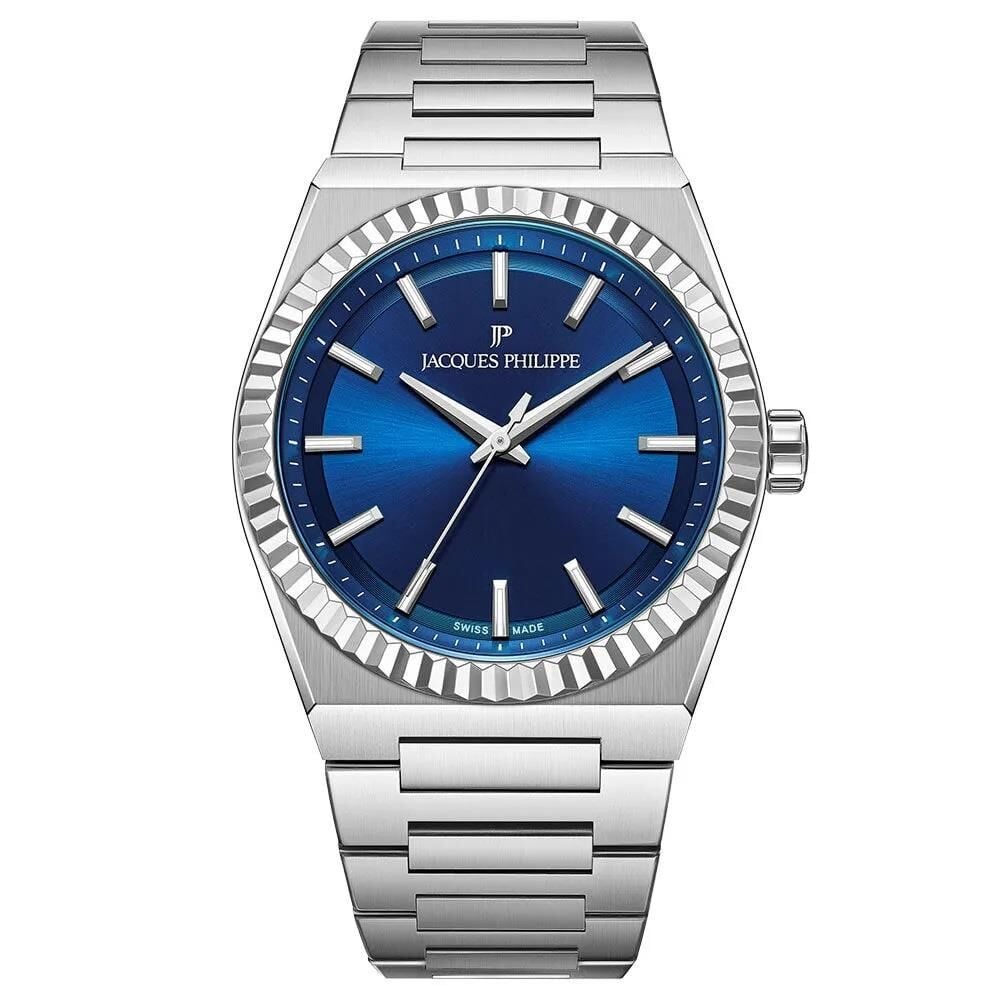 Jacques Philippe JPQGC571336 Swiss Made Quartz Çelik Gri Mavi Kadran Safir Cam 40 mm Erkek Kol Saati