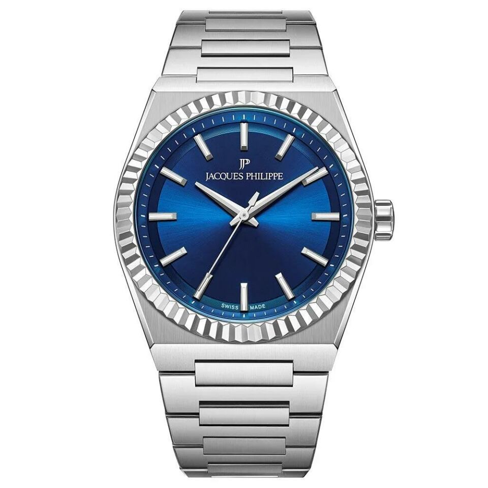 Jacques Philippe JPQGC571336 Swiss Made Quartz Çelik Gri Mavi Kadran Safir Cam 40 mm Erkek Kol Saati