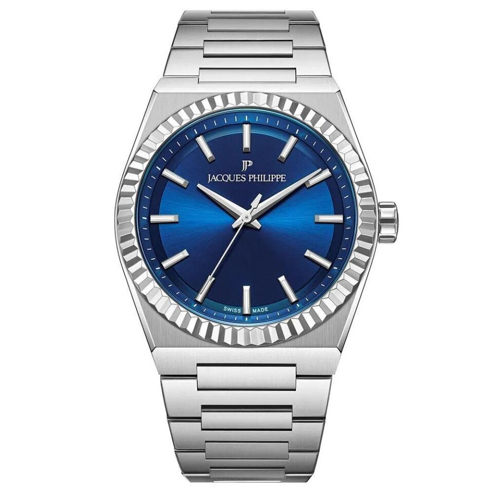 Jacques Philippe JPQGC571336 Swiss Made Quartz Çelik Gri Mavi Kadran Safir Cam 40 mm Erkek Kol Saati