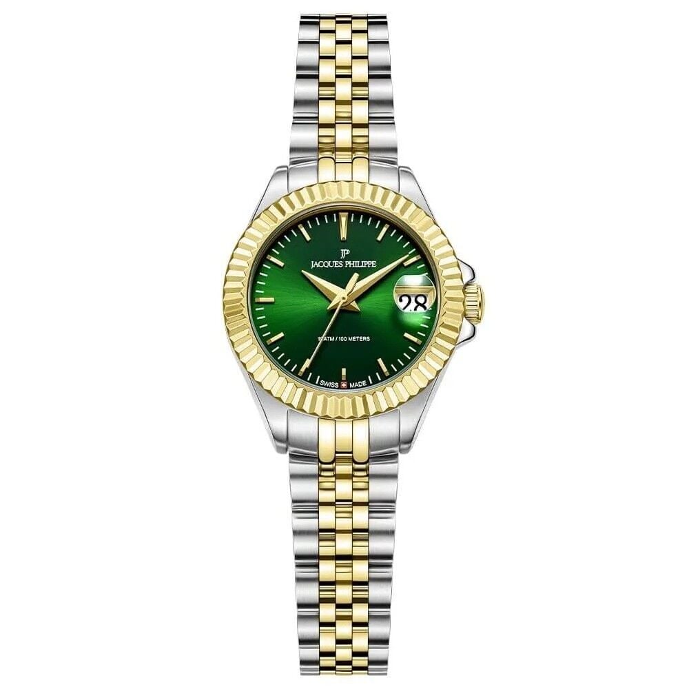 Jacques Philippe JPQLS8273X8 Swiss Made Quartz Çelik Altın/Gri Yeşil Kadran Safir Cam 26 mm Kadın Kol Saati