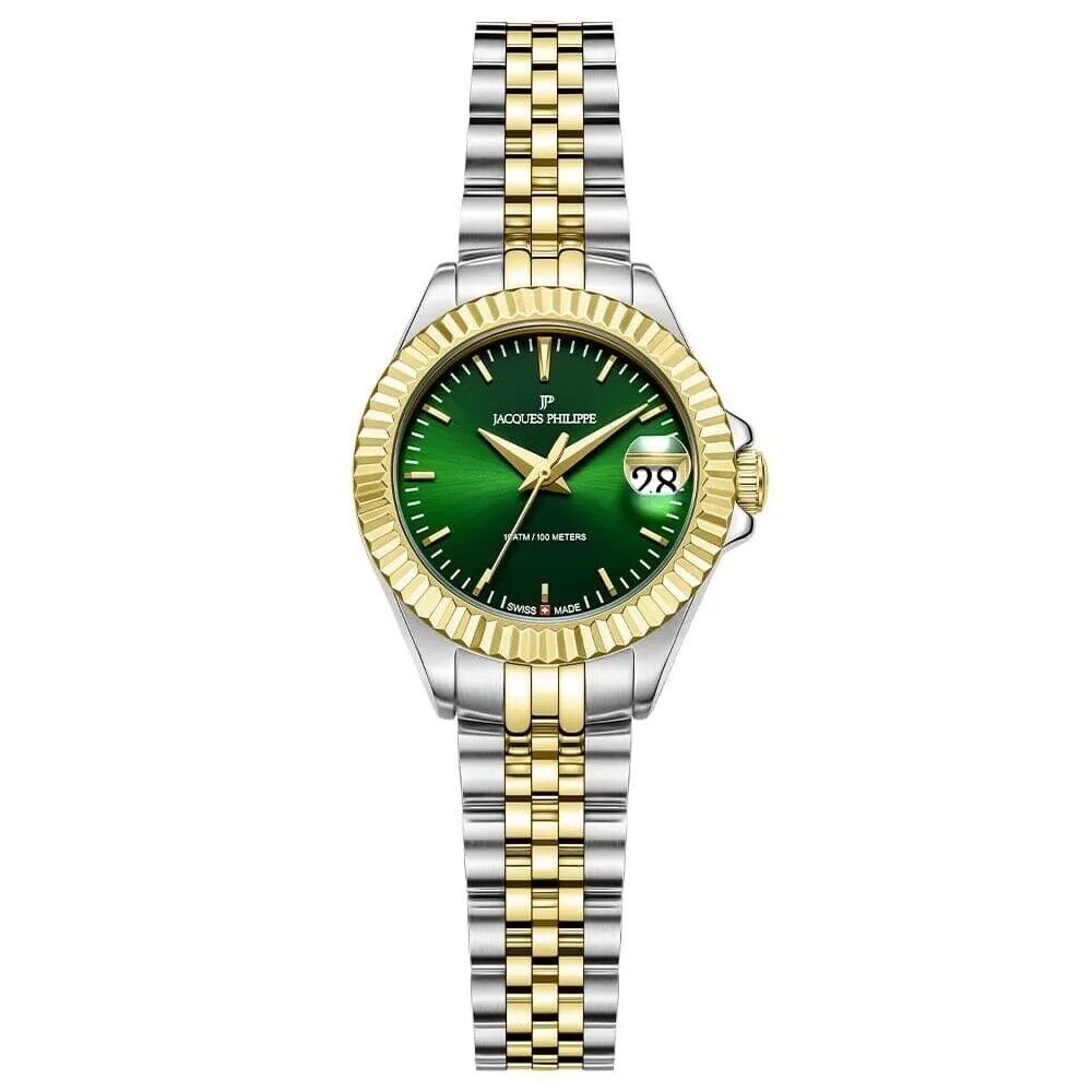 Jacques Philippe JPQLS8273X8 Swiss Made Quartz Çelik Altın/Gri Yeşil Kadran Safir Cam 26 mm Kadın Kol Saati