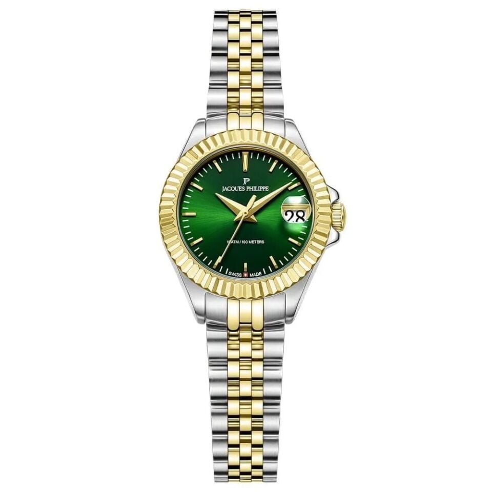 Jacques Philippe JPQLS8273X8 Swiss Made Quartz Çelik Altın/Gri Yeşil Kadran Safir Cam 26 mm Kadın Kol Saati