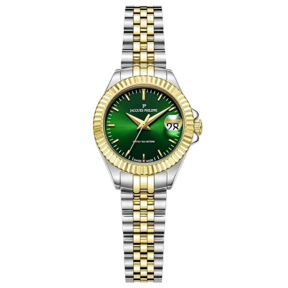 Jacques Philippe JPQLS8273X8 Swiss Made Quartz Çelik Altın/Gri Yeşil Kadran Safir Cam 26 mm Kadın Kol Saati