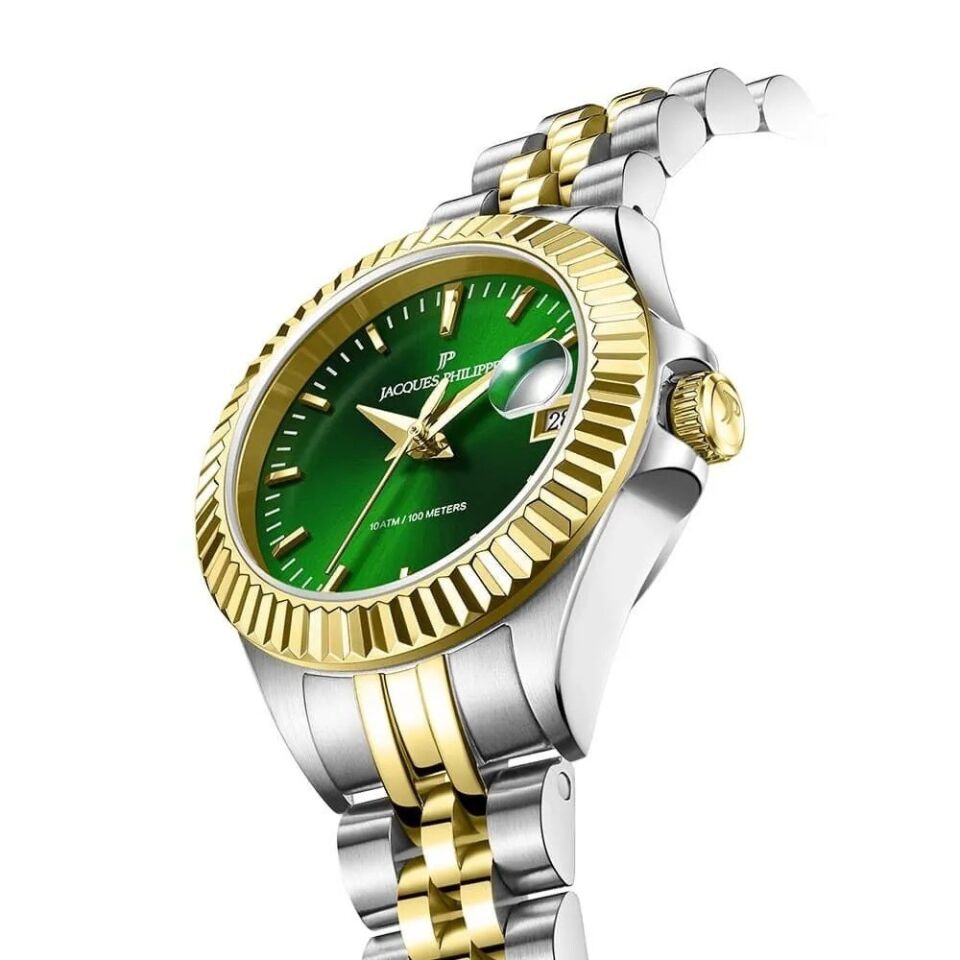 Jacques Philippe JPQLS8273X8 Swiss Made Quartz Çelik Altın/Gri Yeşil Kadran Safir Cam 26 mm Kadın Kol Saati