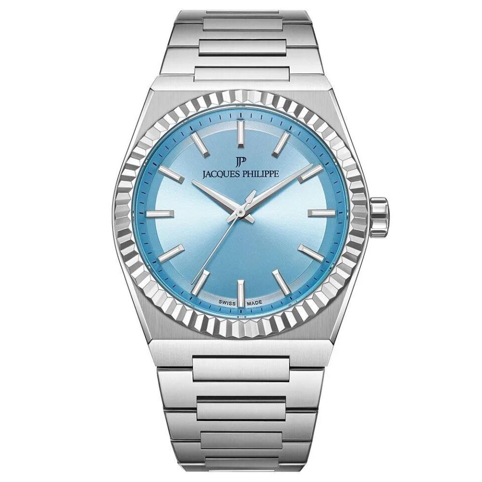Jacques Philippe JPQGC5713X6LB Swiss Made Quartz Çelik Gri Mavi Kadran Safir Cam 40 mm Erkek Kol Saati