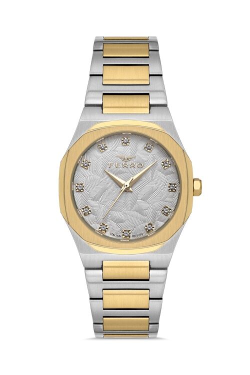 Ferro Gümüş ve Sarı Çelik Kordon Kadın Kol Saati FL40128A-D 3ATM Su Geçirmez 2 Yıl Garantili