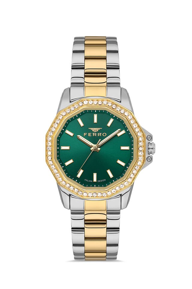 Ferro FL21540AWT-D6 Quartz Çelik Altın/Gri Yeşil Kadran 32 mm Kadın Kol Saati