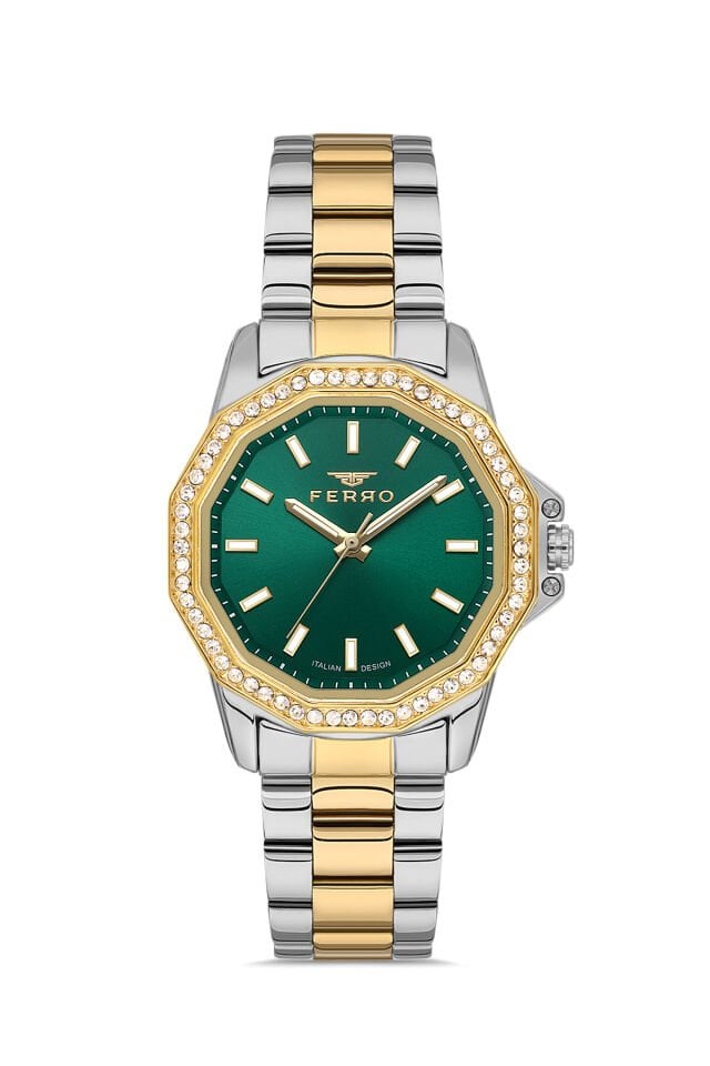 Ferro FL21540AWT-D6 Quartz Çelik Altın/Gri Yeşil Kadran 32 mm Kadın Kol Saati