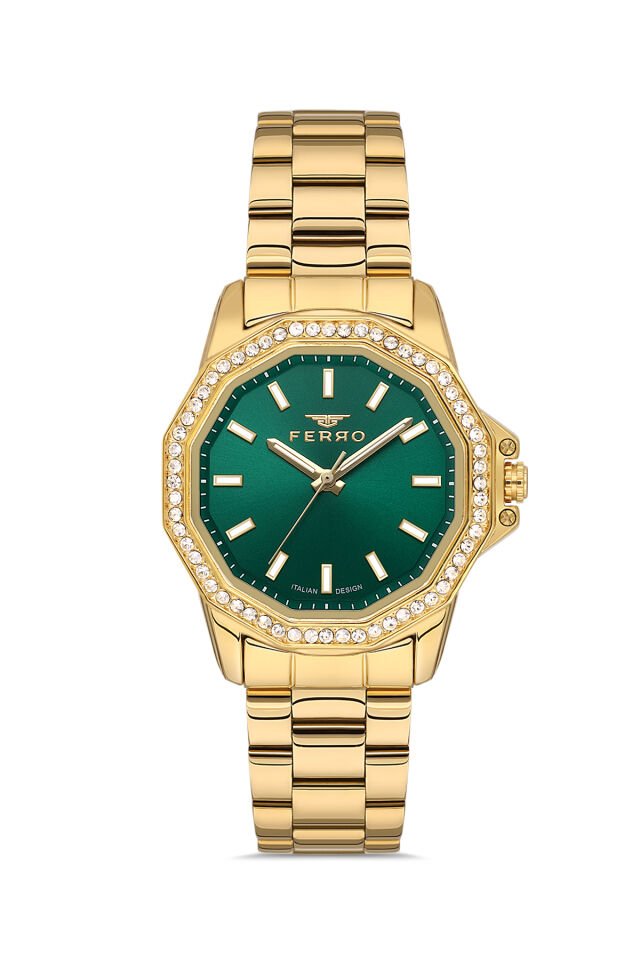 Ferro FL21540AWT-B6 Quartz Altın Rengi Yeşil Kadran 32 mm Kadın Kol Saati