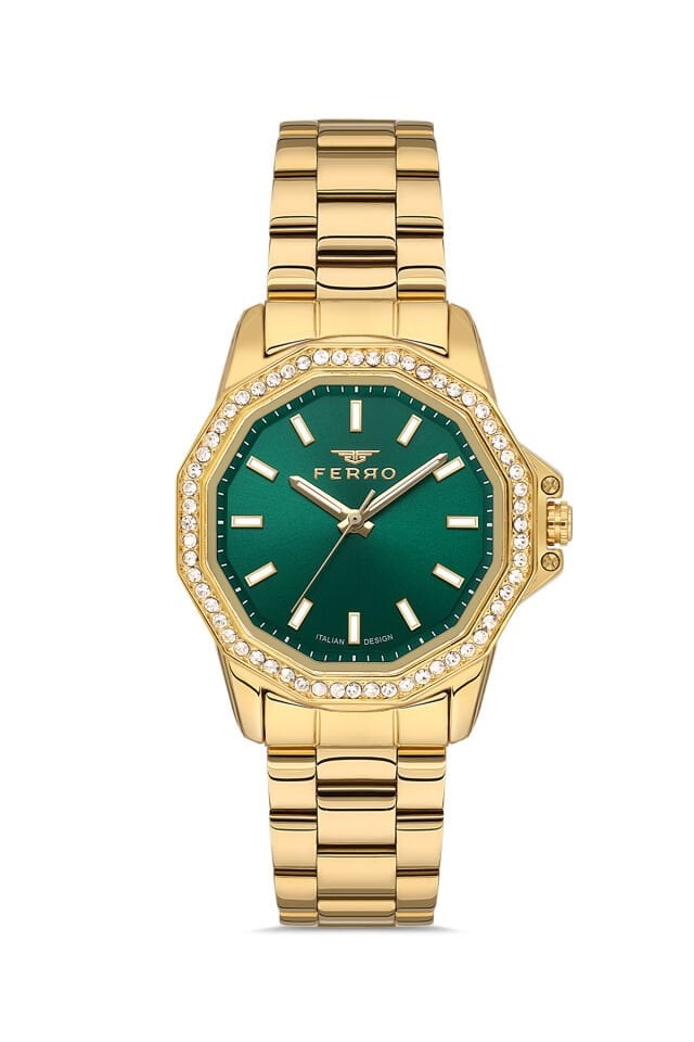 Ferro FL21540AWT-B6 Quartz Altın Rengi Yeşil Kadran 32 mm Kadın Kol Saati