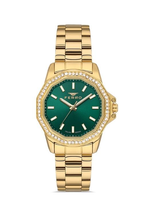 Ferro FL21540AWT-B6 Quartz Altın Rengi Yeşil Kadran 32 mm Kadın Kol Saati
