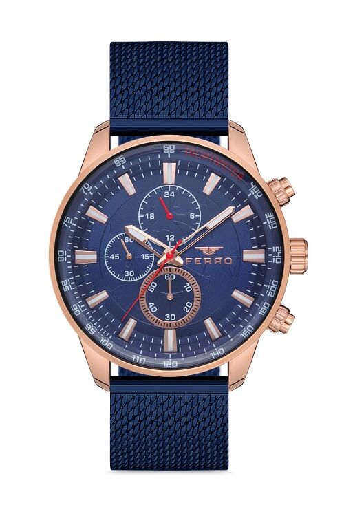 Ferro Lacivert Hasır Kordon Erkek Kol Saati FM1856C-T Tüm Fonksiyonları Aktif 3 ATM Su Geçirmez