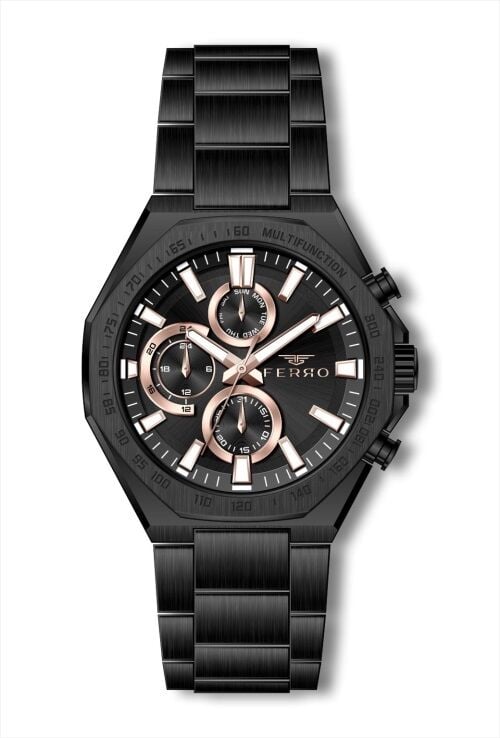 Ferro Siyah Çelik Kordon Erkek Kol Saati FM41110A-G Tüm Fonksiyonlar Aktif 3 ATM Su Geçirmez