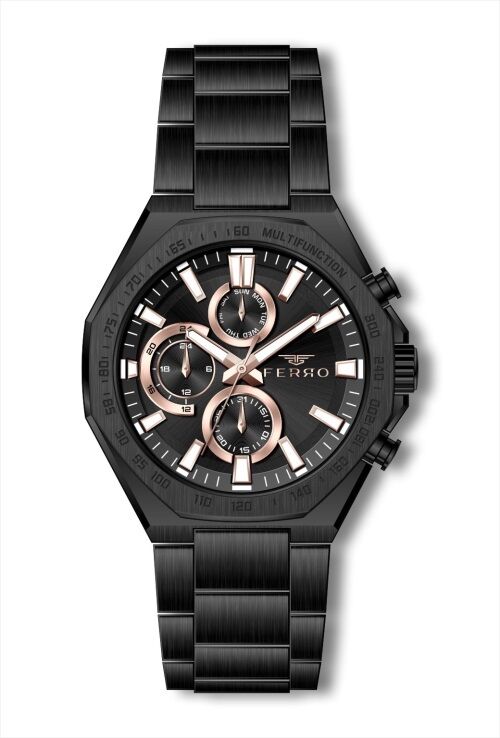 Ferro Siyah Çelik Kordon Erkek Kol Saati FM41110A-G Tüm Fonksiyonlar Aktif 3 ATM Su Geçirmez