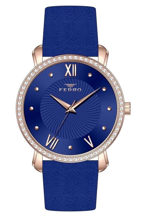 Ferro Lacivert Deri Kordon Kadın Kol Saati FL21264B-T 3ATM Su Geçirmez 2 Yıl Garantili HediyePaketli