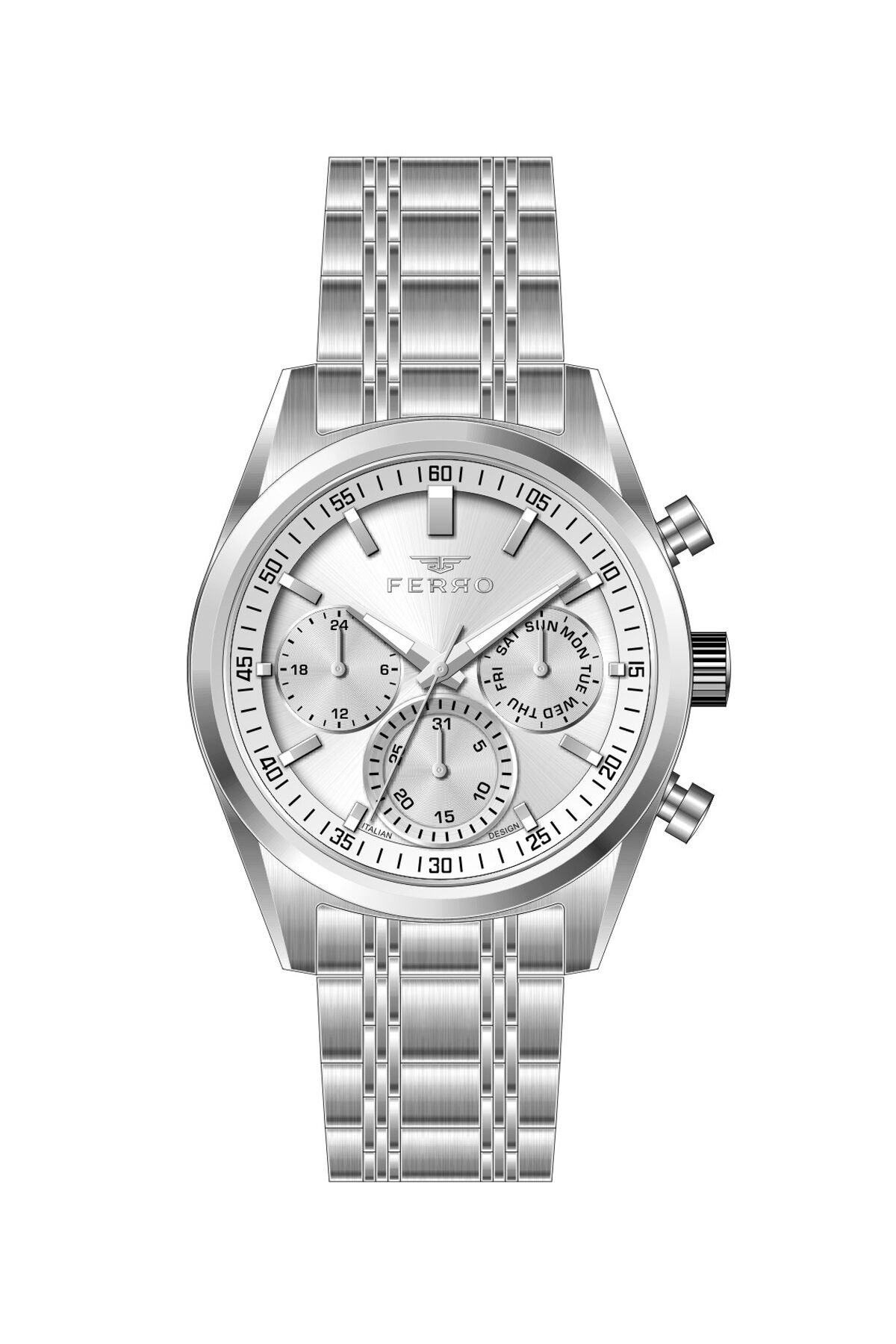 Ferro Gümüş Çelik Kordon Erkek Kol Saati FM40152A-A Tüm Fonksiyonlar Aktif 3 ATM Su Geçirmez
