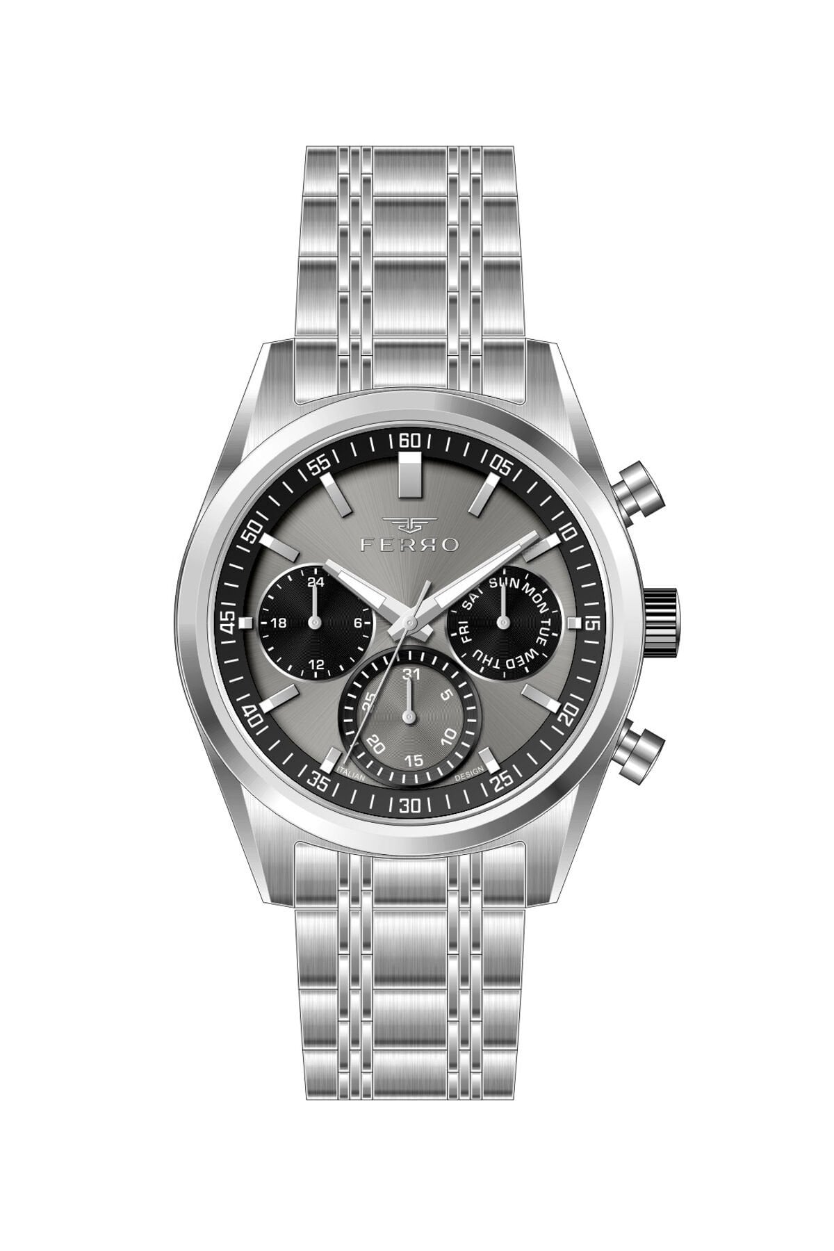 Ferro Gümüş Çelik Kordon Erkek Kol Saati FM40152A-A4 Tüm Fonksiyonlar Aktif 3 ATM Su Geçirmez