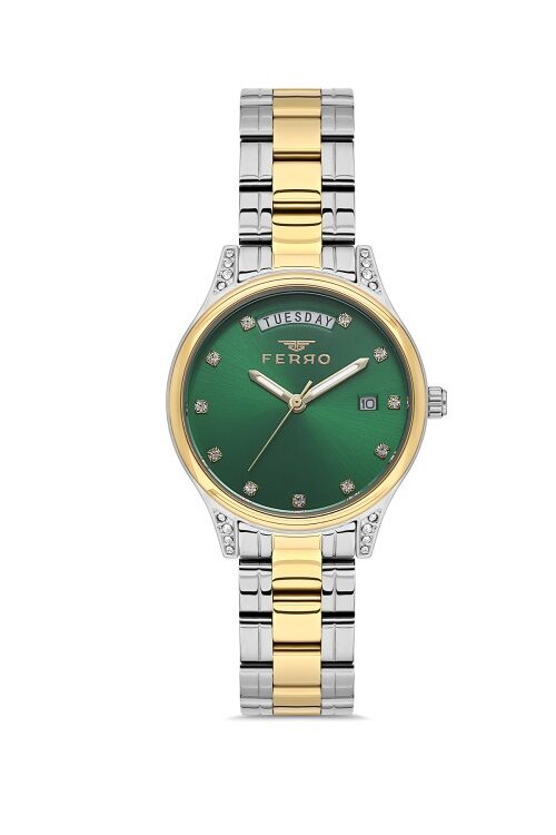 Ferro FL21439A-D6 Quartz Çelik Altın/Gri Yeşil Kadran 31 mm Kadın Kol Saati