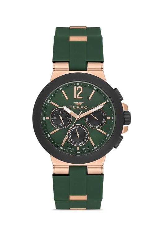 Ferro Yeşil Silikon Kordon Erkek Kol Saati FM11539D-ZQ6 Fonksiyonları Aktif 3ATM Su Geçirmez