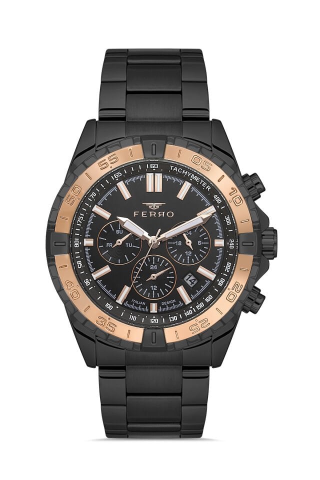 Ferro Siyah Çelik Kordon Erkek Kol Saati FM11541A-R Fonksiyonları Aktif 3ATM Su Geçirmez