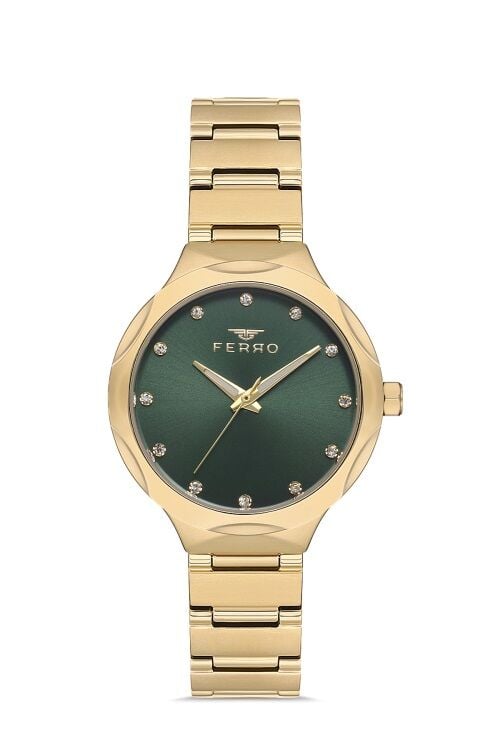 Ferro FL40114A-B6 Quartz Altın Rengi Yeşil Kadran 32 mm Kadın Kol Saati