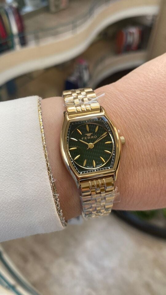 Ferro Quartz Çelik Altın Yeşil Kadran 25 mm Kadın Kol Saati