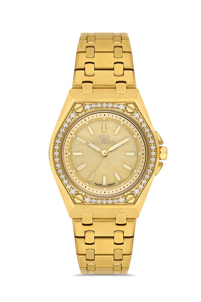 Ferro Sarı Çelik Kordon Kadın Kol Saati FL43007A-B4 3ATM Su Geçirmez 2 Yıl Garantili HediyePaketli