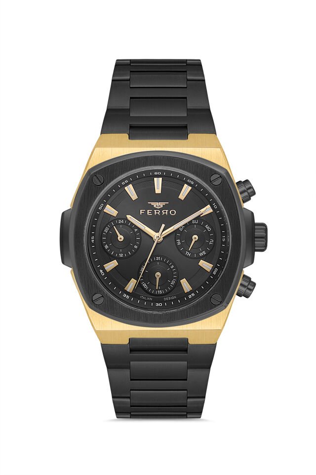 Ferro Siyah Çelik Kordon Erkek Kol Saati FM11555AWT-N2 Fonksiyonları Aktif 3 ATM Su Geçirmez