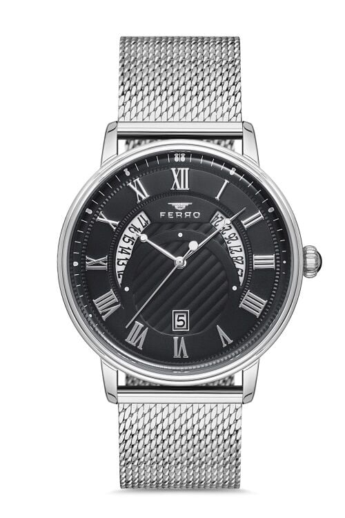 Ferro F11050C-1117-A2 Quartz Hasır Gri Siyah 44 mm Erkek Kol Saati