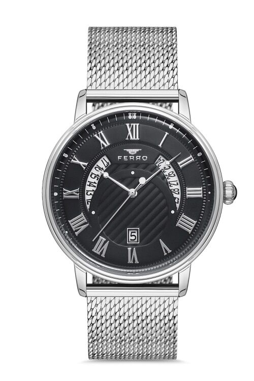Ferro F11050C-1117-A2 Quartz Hasır Gri Siyah 44 mm Erkek Kol Saati