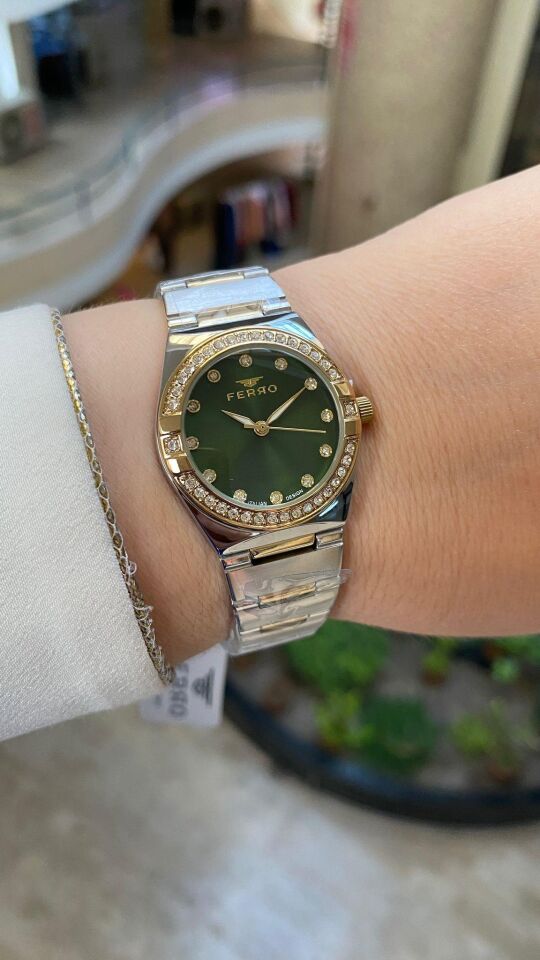 Ferro Quartz Çelik Altın/Gri Yeşil Kadran 30 mm Kadın Kol Saati