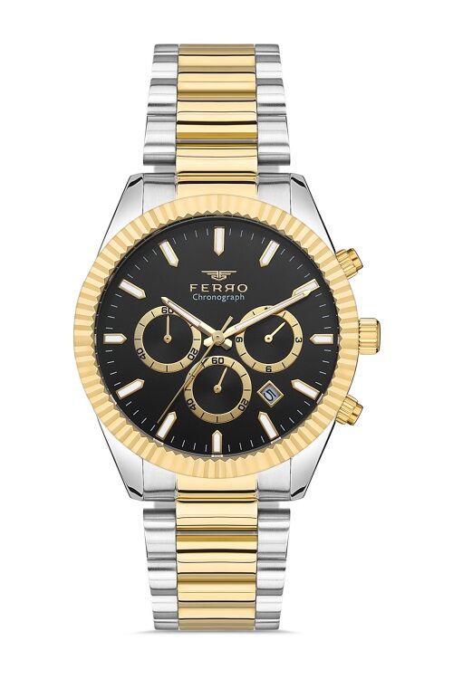 Ferro - FM31289A-D2 Quartz Çelik Altın/Gri Siyah Kadran 43 mm Fonksiyonları Aktif Erkek Saati
