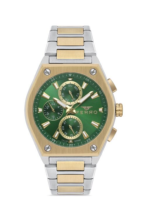 Ferro Sarı ve Gümüş Çelik Kordon Erkek Kol Saati FM40132A-D6 Tüm Fonksiyonlar Aktif 3ATM Su Geçirmez